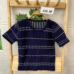 Navy Blue White Dot Stripe Textured Knit Top